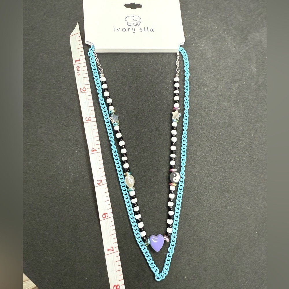 Ivory Ella Layered Beaded Necklace Heart Yin Yang Star Turquoise Blue Purple NEW - Picture 4 of 6